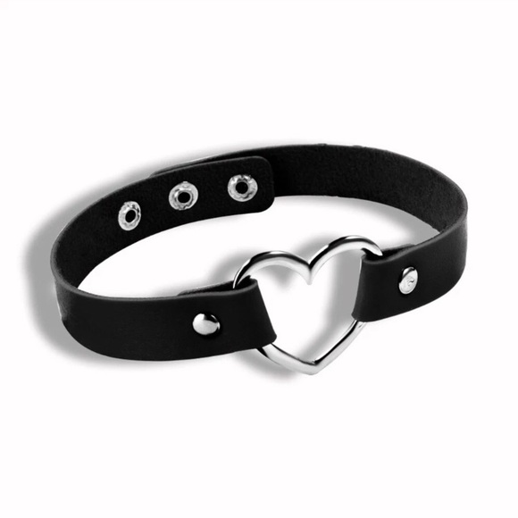 Goth Chrome Heart Choker / Wrapped Layer Bracelet w Black Adjustable Strap NIBag - Picture 13 of 14